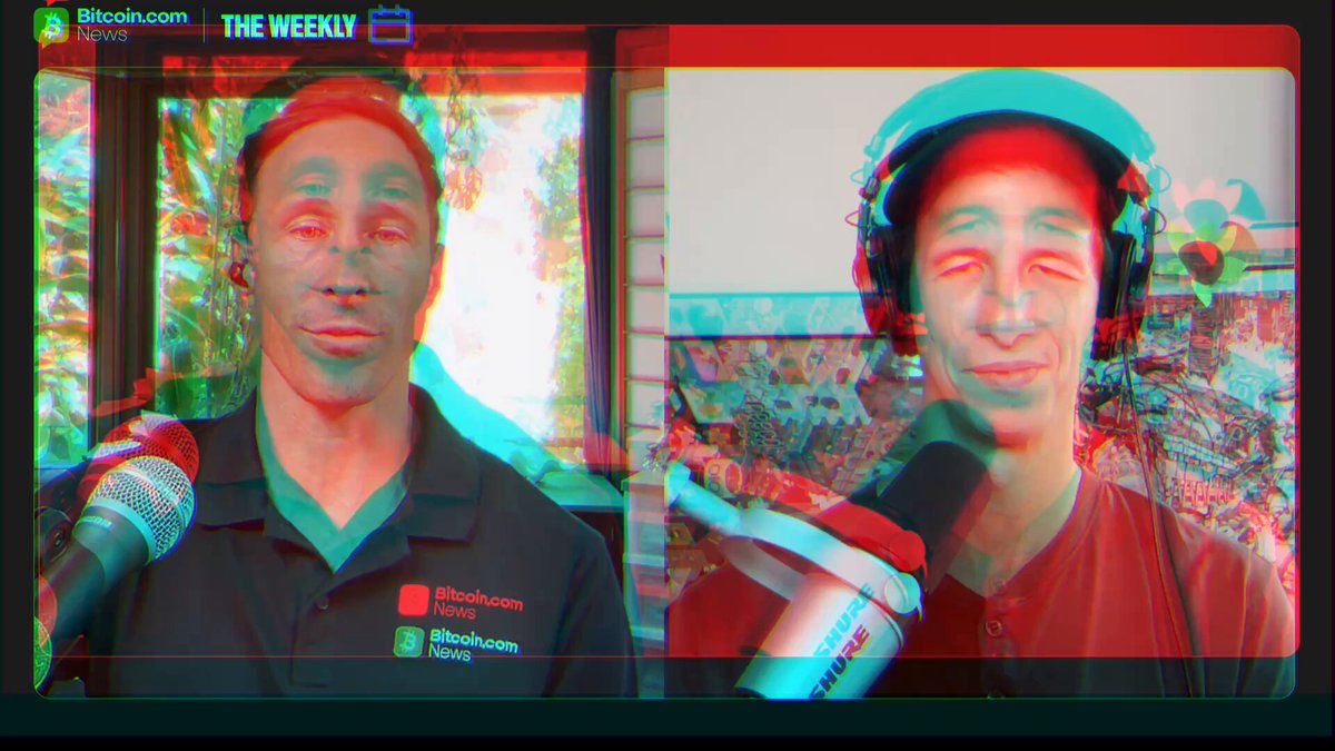 The image appears to be a photograph of two men, one wearing headphones and talking into a microphone, with another man also present who seems to be wearing earbuds. They are situated at a table or desk where they appear to be recording something. The text in the image includes phrases such as "Bitcoin bounced from near $60K", "The yen is flashing red", "DeFi trust is under pressure", and "MicroStrategy's STRC drama is getting louder". These sentences provide context about the content of their activity, possibly related to the cryptocurrency or financial markets.
