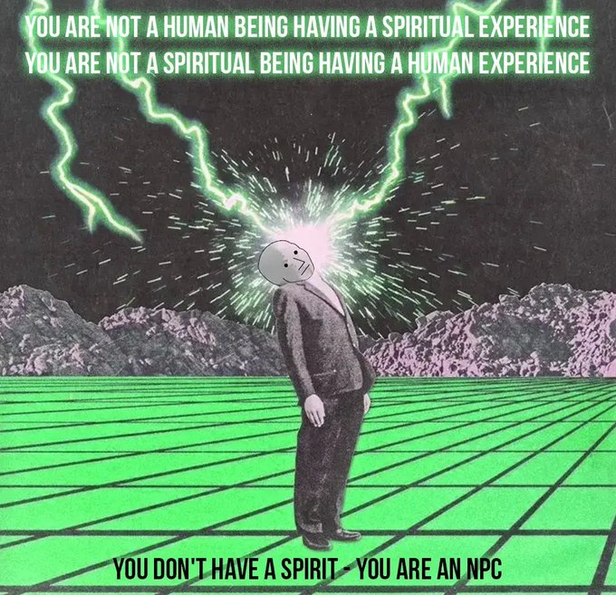 The image displays text stating "YOU ARE NOT A HUMAN BEING HAVING A SPIRITUAL EXPERIENCE... YOU ARE NOT A SPIRITUAL BEING HAVING A HUMAN EXPERIENCE" and "YOU DON'T HAVE A SPIRIT - YOU ARE AN NPC," featuring a person with the NPC meme face being struck by green lightning. This directly relates to the post's call to stop overthinking and become an "$NPC."