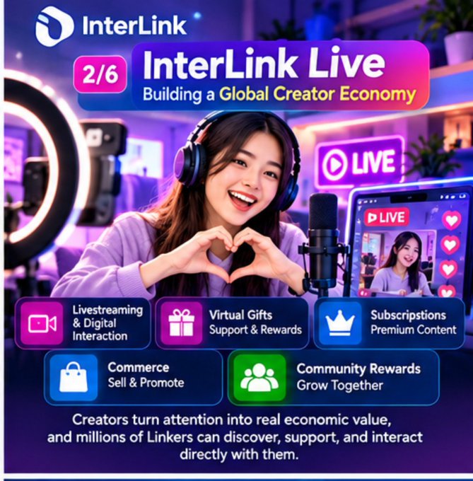 An InterLink promotional image titled 'InterLink Live: Building a Global Creator Economy' featuring a young woman with headphones making a heart gesture, showcasing features like livestreaming, virtual gifts, subscriptions, commerce, and community rewards.