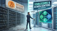 A thumbnail-style image showing a person pointing at a "STABLECOINS & AI DATA CENTERS" sign next to racks of Bitcoin mining servers.
