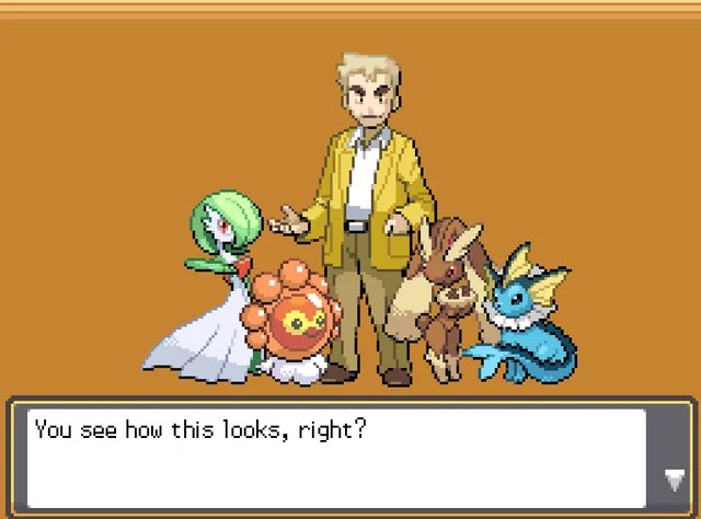 A pixel art scene from a Pokémon game shows a blonde man in a yellow jacket standing with Gardevoir, Darumaka, Lopunny, and Vaporeon, with dialogue text reading 'You see how this looks, right?'