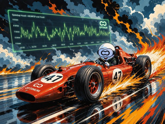 A vibrant, comic-book style illustration of a red race car #47 speeding through a fiery landscape, with an Optimum logo character driving and a digital telemetry display above showing speedup over hours.
