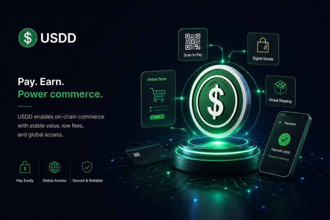 A promotional image for USDD stablecoin with the tagline 'Pay. Earn. Power commerce,' highlighting features like online store, digital goods, scan-to-pay, and global shipping.