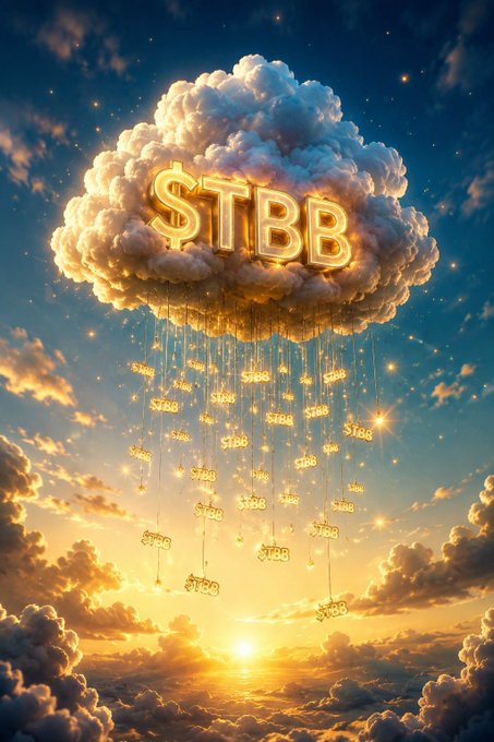A digital artwork showing a glowing cloud against a sunset sky with '$TBB' displayed in large golden letters, raining down smaller '$TBB' tokens.