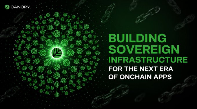 Canopy promotional graphic reading 'BUILDING SOVEREIGN INFRASTRUCTURE FOR THE NEXT ERA OF ONCHAIN APPS' with green network visualization.