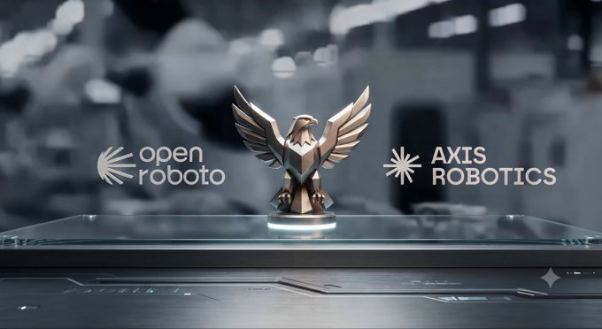 A bronze eagle trophy stands on a sleek pedestal between the "open roboto" and "AXIS ROBOTICS" logos, symbolizing their partnership. The image visually represents the collaboration mentioned in the post, where Axis Robotics contributes over 3 million multimodal trajectories to OpenRoboto's mining network.