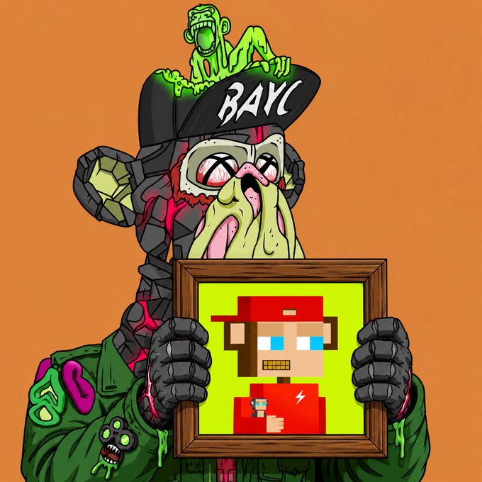 A cartoonish illustration on an orange background featuring a zombified figure wearing a 'BAYC' cap, holding a framed pixel-art portrait of a character in a red cap and shirt, with a green zombie creature on its shoulder.