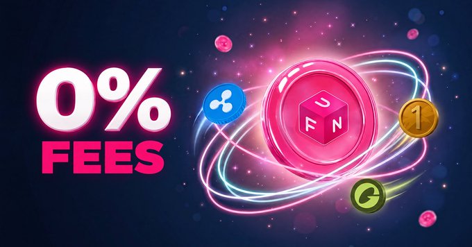 A bright crypto-themed graphic reads “0% FEES” beside colorful coin symbols orbiting a glowing pink DeFi-style sphere.