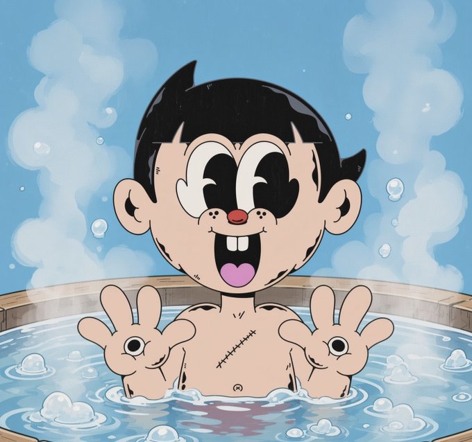 A cartoon character with black hair, large eyes, and two prominent front teeth relaxes happily in a steaming hot tub, raising both hands with peace signs. The image perfectly captures the post's carefree Sunday vibes, embodying the spirit of kicking back, chilling, and max-relaxing.