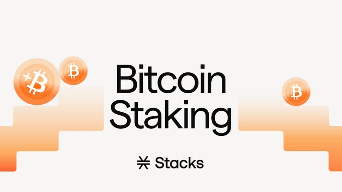 The image features a white banner with black text that reads "BITCOIN STAKING" and includes three Bitcoin symbols, one of which is a flywheel symbol. The text also mentions that users stake Bitcoin to secure the chain and earn BTC yield while locking STX supply in the process. This new STX utility as staking capacity results in increased demand for Bitcoin DeFi services.
