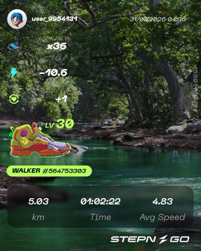 A StepN app screenshot showing a user's walking activity with stats including 5.03 km, 01:02:22 time, 4.83 avg speed, and a colorful 'WALKER' sneaker NFT at LV 30, dated 31/08/2025.