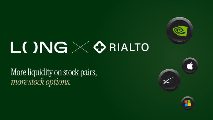 A promotional graphic on a dark green background featuring the logos of "LONG" and "RIALTO" alongside the tagline "More liquidity on stock pairs, more stock options." Circular icons representing NVIDIA, Apple, XRP, and Microsoft float to the right, visually reinforcing the partnership's focus on enhancing stock pair trading liquidity mentioned in the accompanying post.