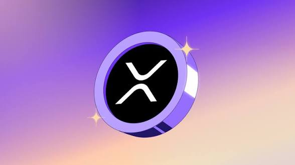 An illustration of a black coin with the XRP logo on a purple and pink gradient background, accented by sparkle effects.