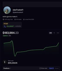 The image shows a crypto trading dashboard screenshot from a user named "JakeTradesFX" (@jakedotd0t), displaying a portfolio value of **$183,984.23** and a current position of **$181,239.05**, with visible activity for memecoin tokens (including an $IHS ticker). It serves as visual proof of the post's claim, showcasing the trader's substantial portfolio gains—highlighting how a TikTok creator with just 58K followers reportedly earned $181K through referrals and memecoin trading.