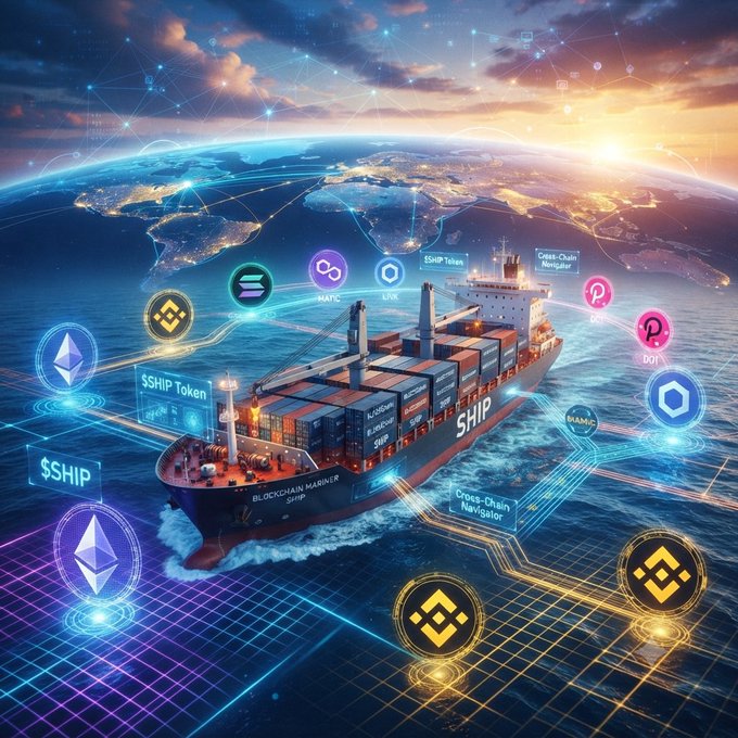 Futuristic digital art depicting a 'Blockchain Mariner Ship' sailing across an ocean with a globe backdrop, surrounded by floating cryptocurrency tokens including $SHIP, Ethereum, Polygon (MATIC/POL), BNB, and others labeled with cross-chain navigator features.