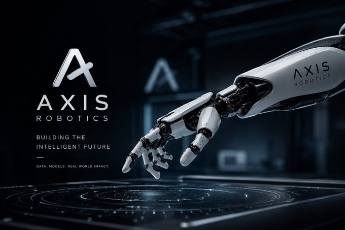 A corporate promotional image for 'AXIS ROBOTICS' featuring a white robotic hand reaching over a digital interface, with the tagline 'BUILDING THE INTELLIGENT FUTURE' and 'DATA. MODELS. REAL WORLD IMPACT.'