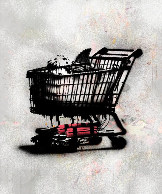 A stylized black ink artwork depicts a shopping cart filled with items, including a prominent bundle of red dynamite sticks in the lower section, set against a textured gray background.