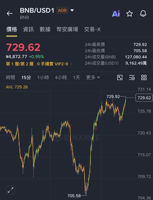 A Binance chart for BNB/USDT shows a price of 729.62, up 0.95%, with a 24-hour range of 705.58–729.92 and volume of 127,080.44 BNB. This illustrates the liquidity and trading context behind the post’s concern about poor USD1-pair depth, though the displayed market is BNB/USDT rather than USD1.