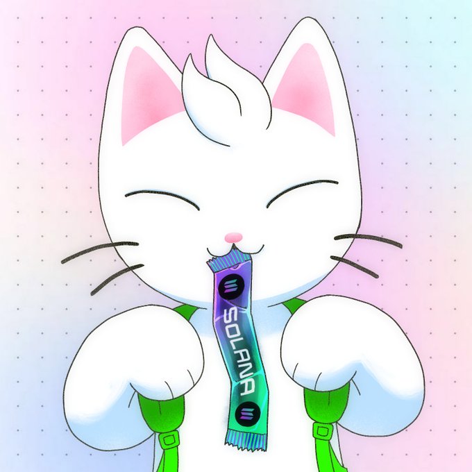 A smiling cartoon white cat holds a blue-green candy wrapper labeled “SOLFING” in both paws.