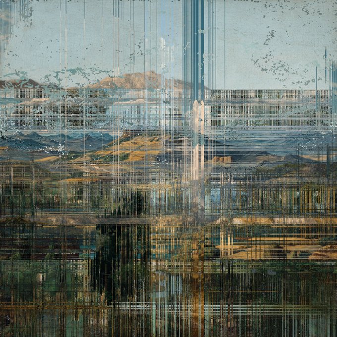 A glitched, digitally distorted landscape featuring mountains and a cityscape fragmented with horizontal banding artifacts and vertical line distortions.
