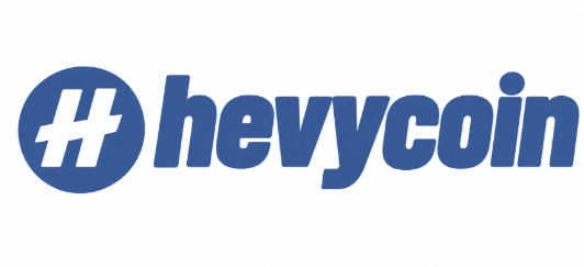 A logo featuring a blue circle with "H" symbols inside next to the text "hevycoin" in bold blue letters on a white background.