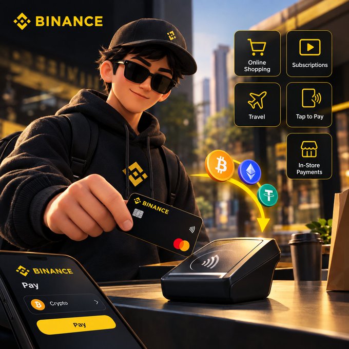 A promotional graphic for Binance featuring a young man in a black hoodie and cap tapping a Binance payment card on a terminal, with icons for Online Shopping, Subscriptions, Travel, Tap to Pay, and In-Store Payments, alongside cryptocurrency symbols.