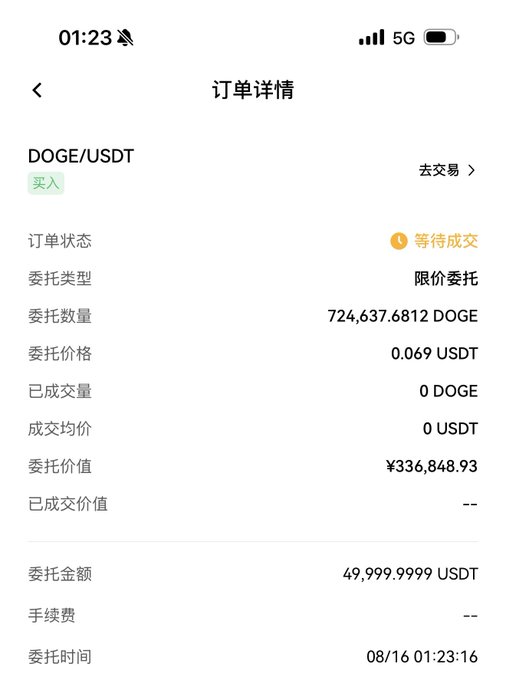 Mobile app screenshot of a DOGE/USDT buy order details in Chinese, showing 724,637.6812 DOGE at 0.069 USDT, valued at ¥336,848.93, placed on 08/16.