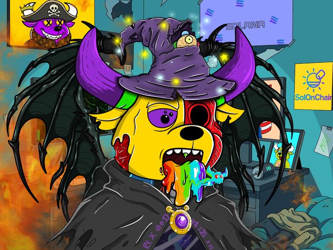A colorful cartoon illustration of a zombie-like character wearing a purple wizard hat with horns, dripping rainbow colors from its mouth, with a 'SolOnChair' logo visible.