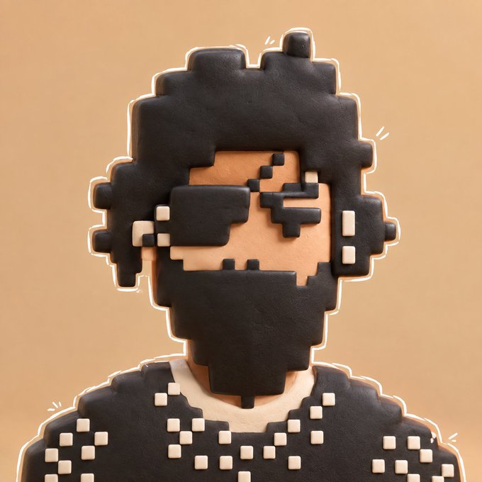 A 3D-rendered pixel art character with blocky, dark brown hair and sunglasses, wearing a matching dark shirt with small white pixel accents, set against a warm tan background.