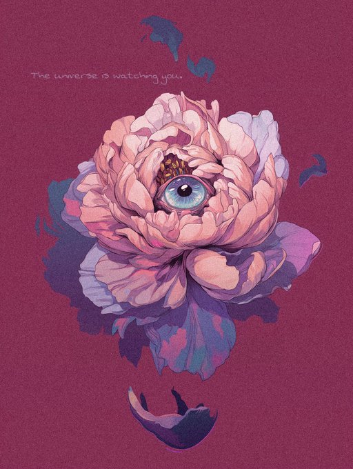 A surreal illustration of a large pink peony flower with an eyeball at its center, accompanied by the handwritten text 'The universe is watching you' on a magenta background.