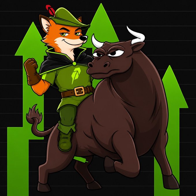 A cartoon illustration of a fox dressed as Robin Hood riding a large brown bull, set against a background of upward-pointing green arrows symbolizing a bullish market trend.