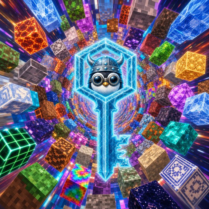 Vibrant digital artwork featuring a penguin in a Viking helmet inside a glowing blue hexagonal frame, holding a sword, surrounded by floating Minecraft-style blocks and cosmic light effects.