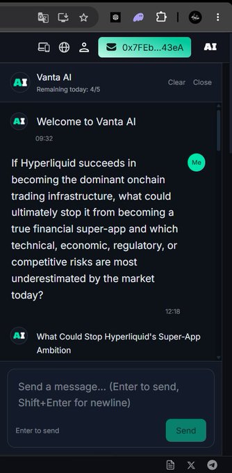 A Vanta AI chat interface displays a user query about risks that could stop Hyperliquid from becoming a dominant financial super-app, with the AI's response titled 'What Could Stop Hyperliquid's Super-App Ambition'.