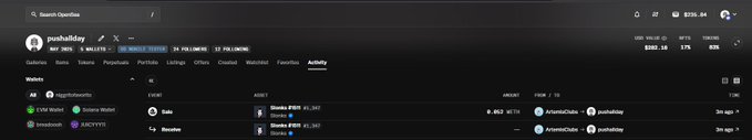 A screenshot of a crypto wallet activity page for the user 'pushinday', showing a balance of 0.0922 ETH, an NFT value of $202.10, and a transaction history including a withdrawal of 0.0923 ETH to an address.
