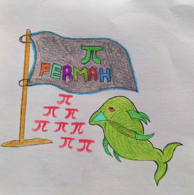 A child's colorful crayon drawing showing a green fish next to a flag with the name 'FERMAH' and a mathematical pi (π) symbol, with multiple pink pi symbols floating in the background.