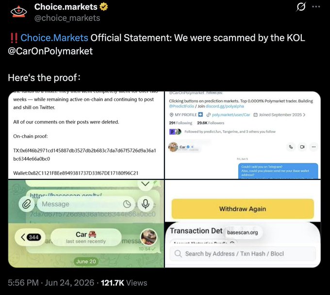 A tweet from @choice_markets claims they were scammed by KOL @CarOnPolymarket, sharing on-chain transaction proof (TX: 0x6f46b2971cd145887db3527db2b683c7da7d67f5726d9a36a1bc6344e66a0bc0, Wallet: 0x82C1121FBEe8949381737D33b67DE1718Of96C21) and chat screenshots as evidence, accumulating 121.7K views by June 24, 2026.