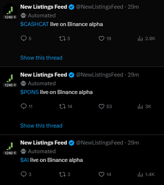 A series of tweets from the @NewListingsFeed Automated Twitter account announcing 'SCASHCAT', 'SPONS', and 'SAI' tokens live on Binance alpha.