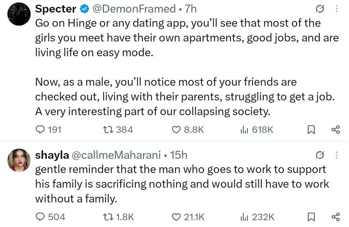 A screenshot of two tweets from Specter (@DemonFramed) and shayla (@callmeMaharani) discussing modern dating dynamics, gender roles, and societal expectations, with shayla's tweet receiving 21K likes.