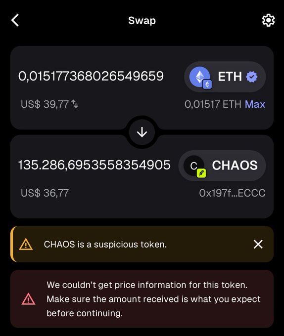 A MetaMask swap screen shows a trade converting 0.0151773368026549659 ETH (~$39.77) into 135.286,6953558354905 CHAOS (~$36.77), with prominent warnings that "CHAOS is a suspicious token" and price information couldn't be retrieved—ironically illustrating the post's point about buying $CHAOS despite MetaMask's risk alerts.