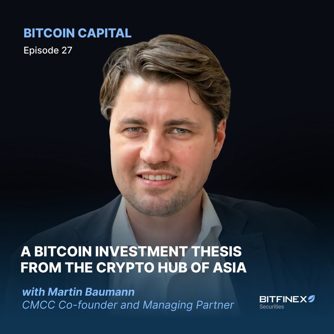 A podcast or video thumbnail for "BITCOIN CAPITAL Episode 27" featuring a smiling man, titled "A BITCOIN INVESTMENT THESIS FROM THE CRYPTO HUB OF ASIA" with Martin Baumann, CMCC Co-founder and Managing Partner, sponsored by Bitfinex Securities.