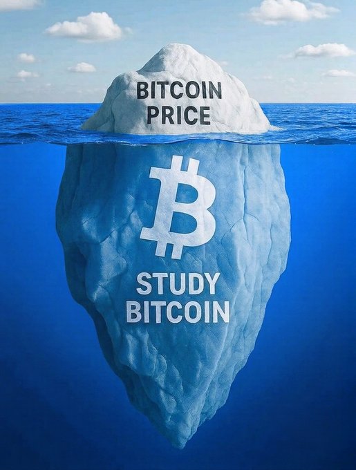 An iceberg floating in the ocean with "BITCOIN PRICE" visible on the small tip above water and a large Bitcoin "₿" symbol along with the text "STUDY BITCOIN" carved into the massive submerged portion below, illustrating how much of Bitcoin's depth and complexity lies beneath the surface of its visible market price.