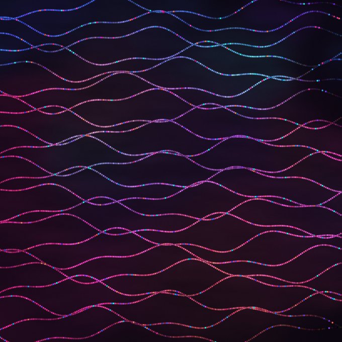An abstract digital pattern of wavy horizontal lines made of glowing pink, purple, and blue dotted light trails on a dark background.