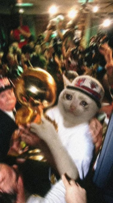 A person wearing a white t-shirt and a baseball cap triumphantly hoists a golden trophy (resembling the Larry O'Brien Championship Trophy) in front of a cheering crowd, celebrating a major victory. The image visually represents the post's bullish sentiment, framing a potential Robinhood listing of the $CASHCAT memecoin as a championship-level catalyst that could deliver astronomical (1,000x) returns.