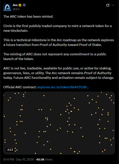 A tweet from the official @arc account announcing that the ARC token has been minted, noting Circle as the first publicly traded company to mint a network token for a new blockchain, though clarifying ARC is not yet live or tradeable.