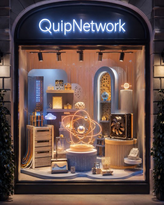 A storefront window display with a neon sign reading 'QuipNetwork' showcases various tech gadgets, a glowing atomic model, and computer components on display pedestals.