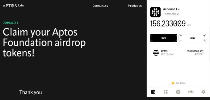 A webpage from APTOS Labs titled 'Claim your Aptos Foundation account a landing page with text 'Claim your Aptos Foundation airdrop tokens!' and a side panel showing an APT token balance of 156.233009 APT.