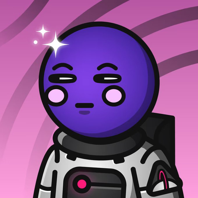 A cartoon astronaut with a purple helmet and white spacesuit poses against a pink swirled background with sparkles near their head, relating to the post about acquiring a Rider from @SpaceRidersXYZ.