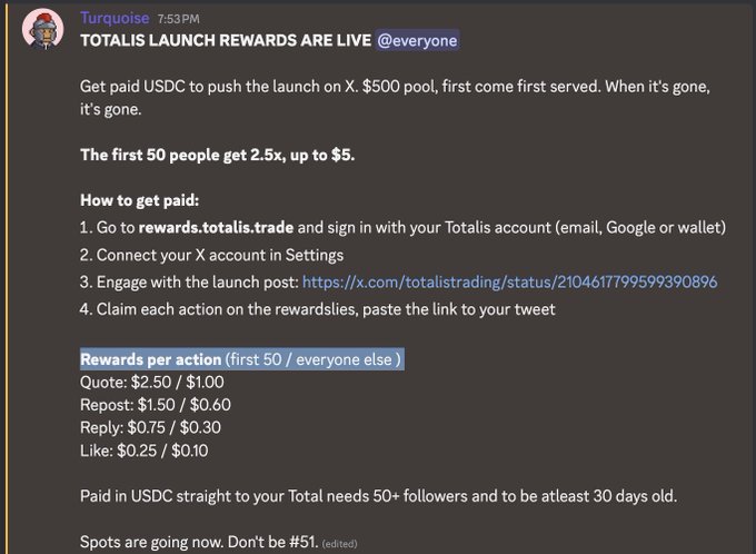 A Discord announcement from "Turquoise" promotes Totalis launch rewards offering USDC payments ($500 pool) for engaging with a tweet, paying $2.50 per quote for the first 50 people but only $0.25 per like for everyone else. The image illustrates the poster's criticism of the project offering "pennies as rewards," as even the highest-paying action (quote) amounts to just $2.50 while most engagement actions yield less than $1.