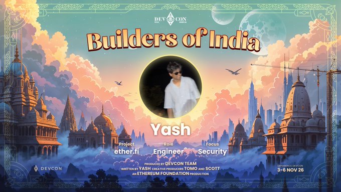 A "Builders of India" promotional graphic features a circular portrait of a person wearing sunglasses, framed against an illustrated backdrop of Indian temples, palaces, and a celestial sky with a crescent moon, titled "Builders of India" with the name "YASH" displayed below and his role listed as "Engineer" with a focus on "Security," scheduled for "3-5 NOV 25."