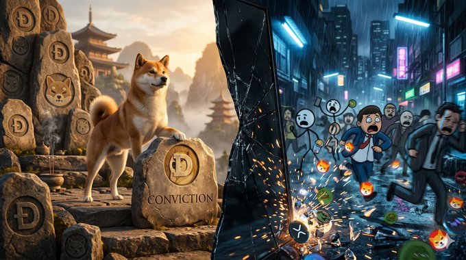 There are two images side by side, one featuring a dog and another with a man holding up a sign reading "diamond hands" against an urban backdrop of city lights and buildings at night time, while the second image shows a man running away from a group of cartoon dogs in distress. The first image seems to be related to a post about virtual currency or bitcoin, possibly focusing on the process of buying Bitcoin when it is down 10% and how people react to this situation.